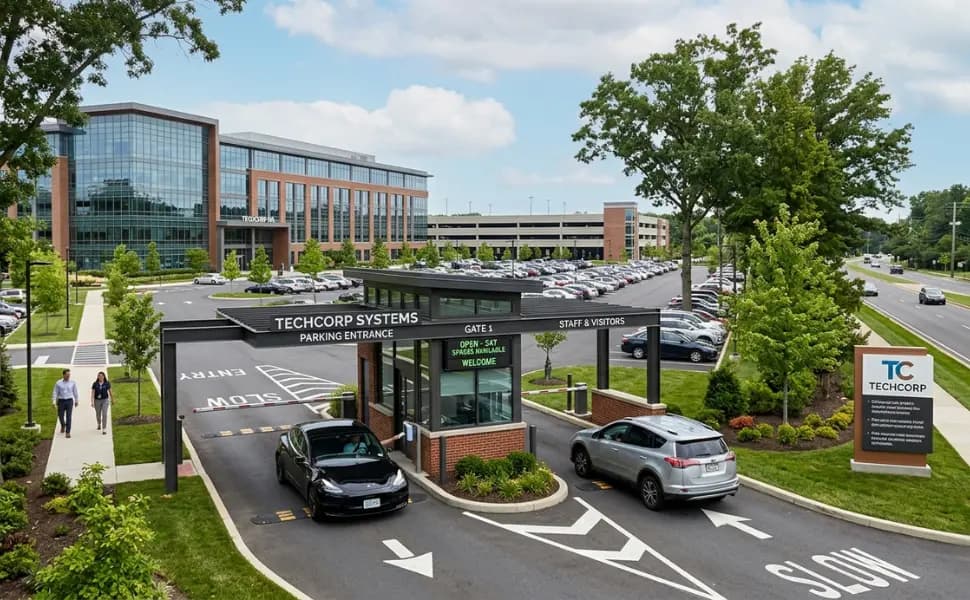 Corporate parking QR scan at office gate for vehicle verification