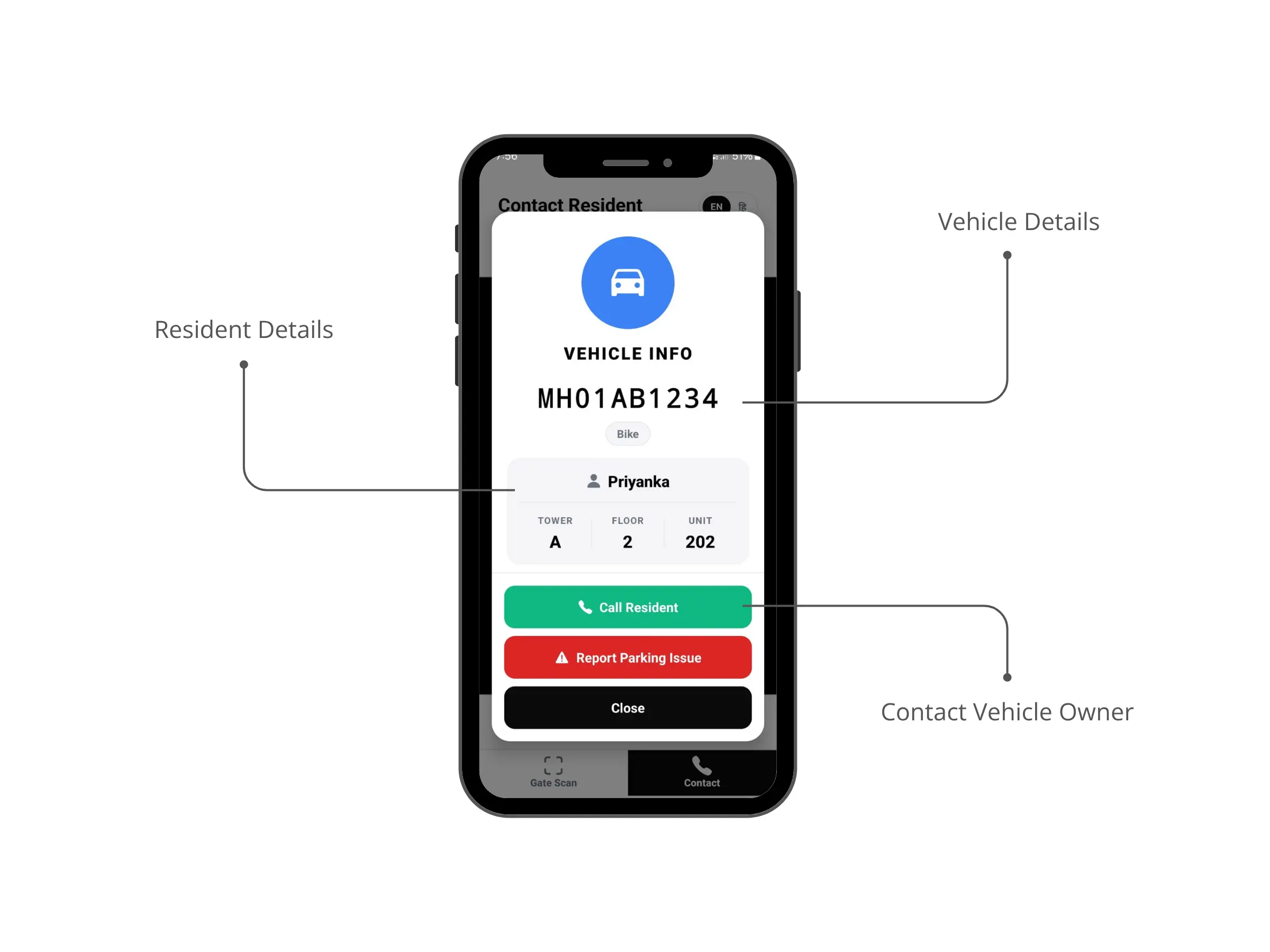 Screenshot: Contact Vehicle Owner Screen